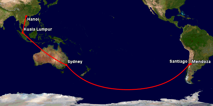 Bay từ Hà Nội đến Mendoza qua Kuala Lumpur, Sydney, Santiago