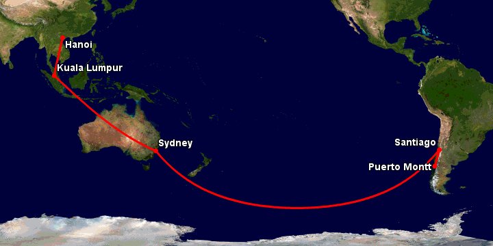 Bay từ Hà Nội đến Puerto Montt qua Kuala Lumpur, Sydney, Santiago