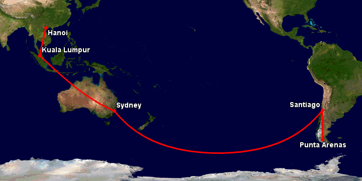 Bay từ Hà Nội đến Punta Arenas qua Kuala Lumpur, Sydney, Santiago