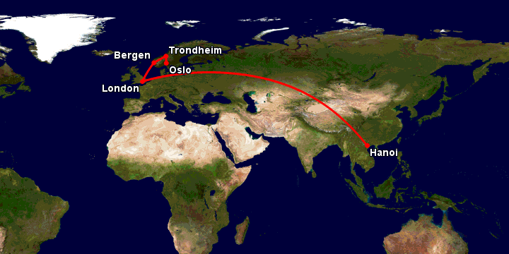 Bay từ Hà Nội đến Oslo qua London, Bergen, Trondheim