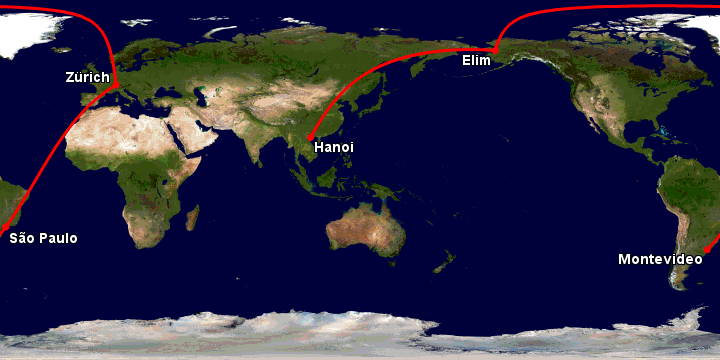 Bay từ Hà Nội đến Montevideo qua Moscow, Zürich, Sao Paulo