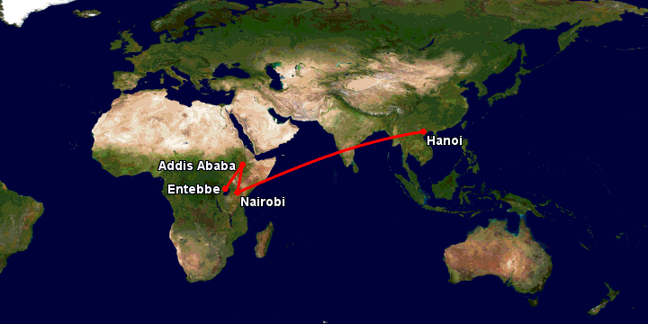Bay từ Hà Nội đến Entebbe qua Nairobi, Addis Ababa