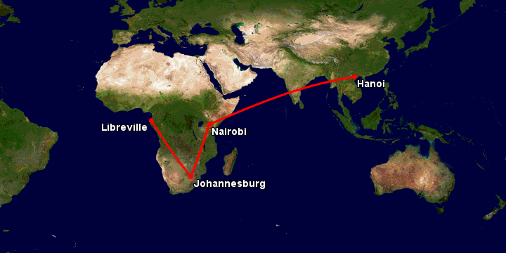 Bay từ Hà Nội đến Libreville qua Nairobi, Johannesburg