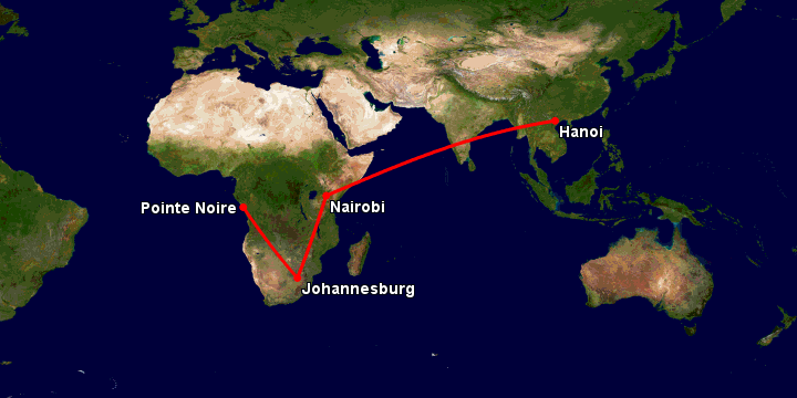 Bay từ Hà Nội đến Pointe Noire qua Nairobi, Johannesburg