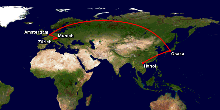 Bay từ Hà Nội đến Zurich qua Osaka, Amsterdam, Munich
