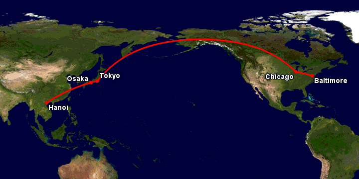 Bay từ Hà Nội đến Baltimore qua Osaka, Tokyo, Chicago