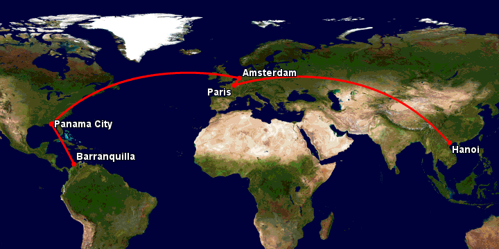 Bay từ Hà Nội đến Barranquilla qua Paris, Amsterdam, Panama City