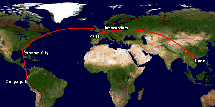 Bay từ Hà Nội đến Guayaquil qua Paris, Amsterdam, Panama City