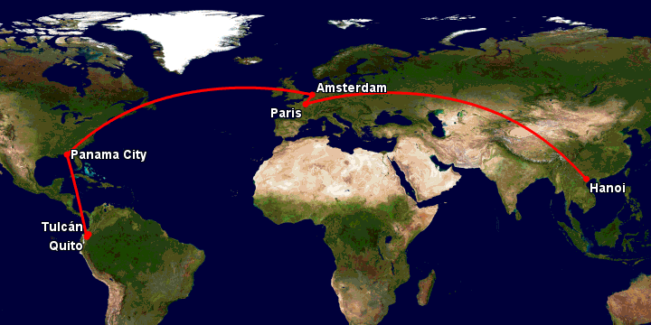 Bay từ Hà Nội đến Tulcan qua Paris, Amsterdam, Panama City, Quito