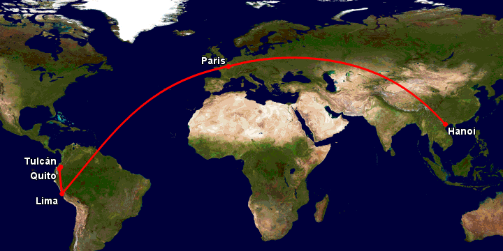 Bay từ Hà Nội đến Tulcan qua Paris, Lima, Quito