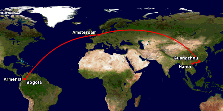 Bay từ Hà Nội đến Armenia qua Quảng Châu, Amsterdam, Bogotá