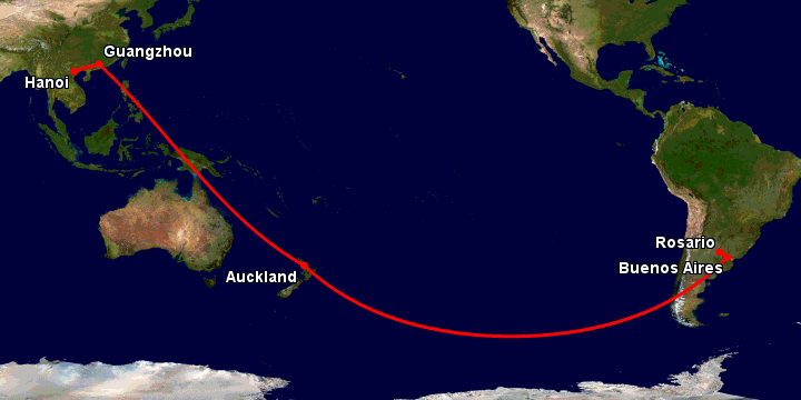 Bay từ Hà Nội đến Rosario qua Quảng Châu, Auckland, Buenos Aires
