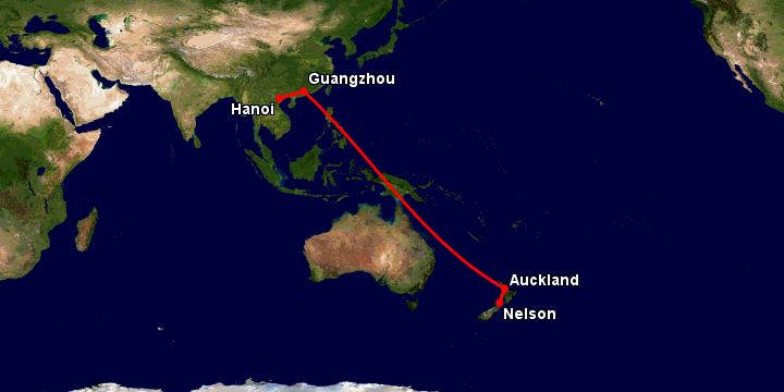 Bay từ Hà Nội đến Nelson qua Quảng Châu, Auckland