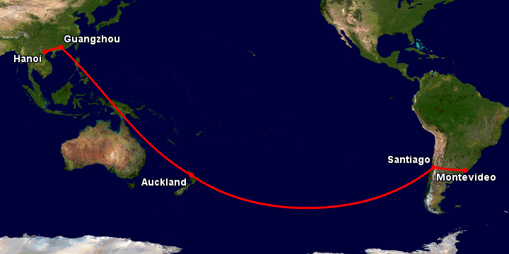 Bay từ Hà Nội đến Montevideo qua Quảng Châu, Auckland, Santiago