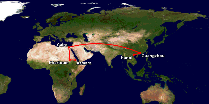 Bay từ Hà Nội đến Asmara qua Quảng Châu, Cairo, Khartoum