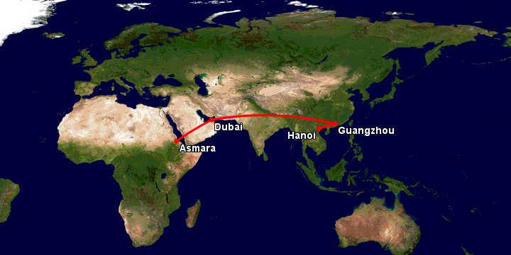 Bay từ Hà Nội đến Asmara qua Quảng Châu, Dubai