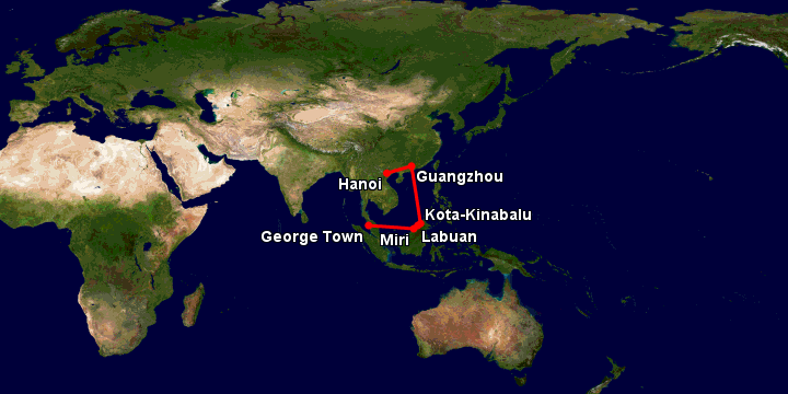 Bay từ Hà Nội đến Penang qua Quảng Châu, Kota Kinabalu, Labuan, Miri