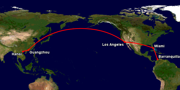Bay từ Hà Nội đến Barranquilla qua Quảng Châu, Los Angeles, Miami