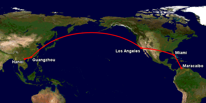 Bay từ Hà Nội đến Maracaibo qua Quảng Châu, Los Angeles, Miami