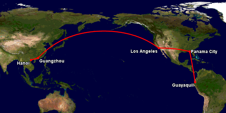 Bay từ Hà Nội đến Guayaquil qua Quảng Châu, Los Angeles, Panama City