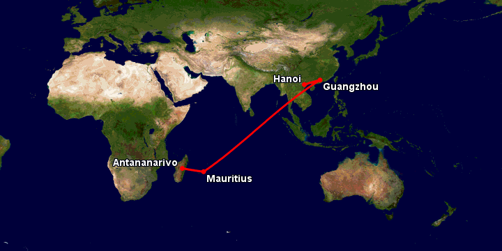 Bay từ Hà Nội đến Antananarivo qua Quảng Châu, Mauritius Island