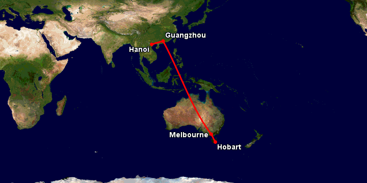 Bay từ Hà Nội đến Hobart qua Quảng Châu, Melbourne