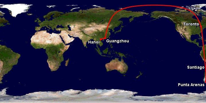 Bay từ Hà Nội đến Punta Arenas qua Quảng Châu, Toronto, Santiago