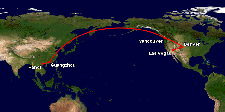 Bay từ Hà Nội đến Las Vegas qua Quảng Châu, Vancouver, Denver