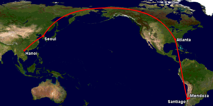 Bay từ Hà Nội đến Mendoza qua Seoul, Atlanta, Santiago