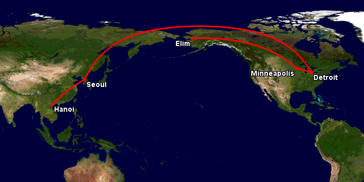 Bay từ Hà Nội đến Moscow qua Seoul, Detroit, Minneapolis