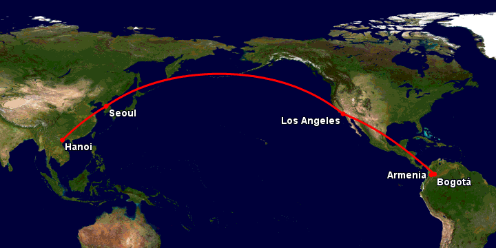Bay từ Hà Nội đến Armenia qua Seoul, Los Angeles, Bogotá