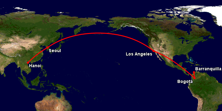 Bay từ Hà Nội đến Barranquilla qua Seoul, Los Angeles, Bogotá