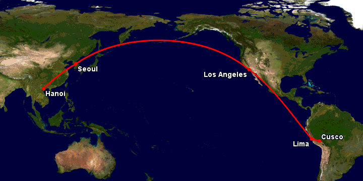 Bay từ Hà Nội đến Cuzco qua Seoul, Los Angeles, Lima