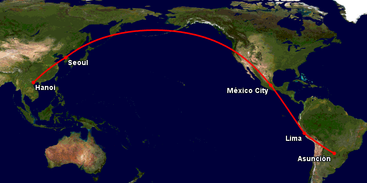 Bay từ Hà Nội đến Asuncion qua Seoul, Mexico City, Lima