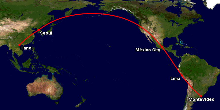 Bay từ Hà Nội đến Montevideo qua Seoul, Mexico City, Lima