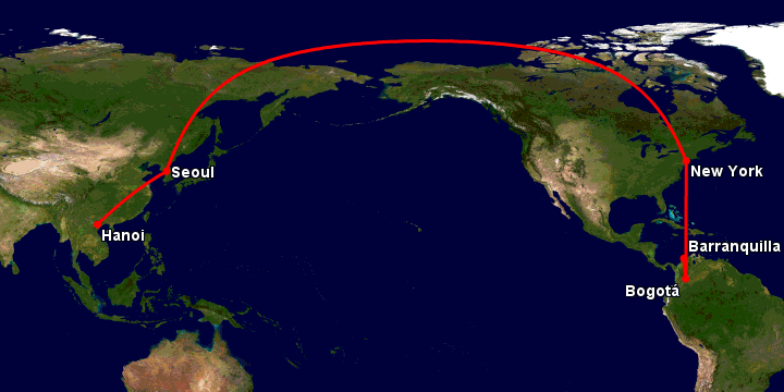 Bay từ Hà Nội đến Barranquilla qua Seoul, New York, Bogotá