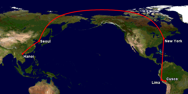 Bay từ Hà Nội đến Cuzco qua Seoul, New York, Lima