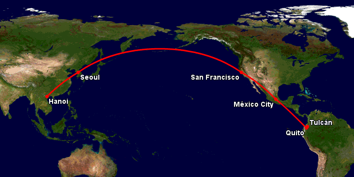 Bay từ Hà Nội đến Tulcan qua Seoul, San Francisco, Mexico City, Quito