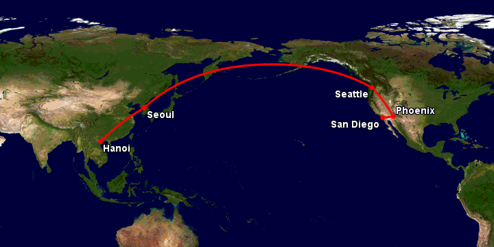 Bay từ Hà Nội đến San Diego qua Seoul, Seattle, Phoenix