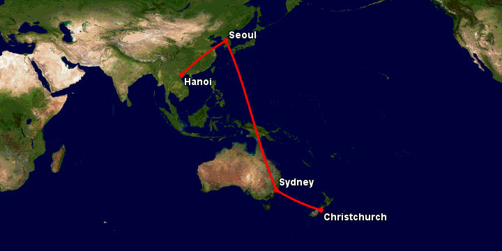Bay từ Hà Nội đến Christchurch qua Seoul, Sydney