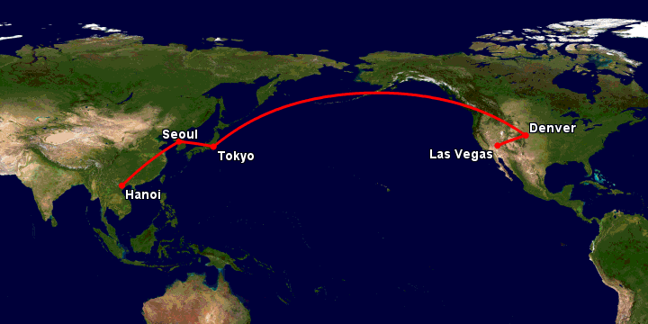 Bay từ Hà Nội đến Las Vegas qua Seoul, Tokyo, Denver
