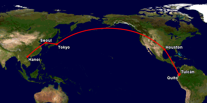 Bay từ Hà Nội đến Tulcan qua Seoul, Tokyo, Houston, Quito
