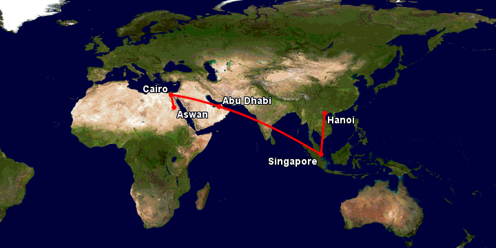 Bay từ Hà Nội đến Aswan qua Singapore, Abu Dhabi, Cairo
