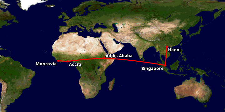 Bay từ Hà Nội đến Monrovia Rob qua Singapore, Addis Ababa, Accra