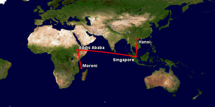 Bay từ Hà Nội đến Moroni Hahaya qua Singapore, Addis Ababa