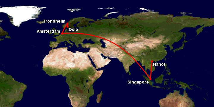 Bay từ Hà Nội đến Oslo qua Singapore, Amsterdam, Trondheim