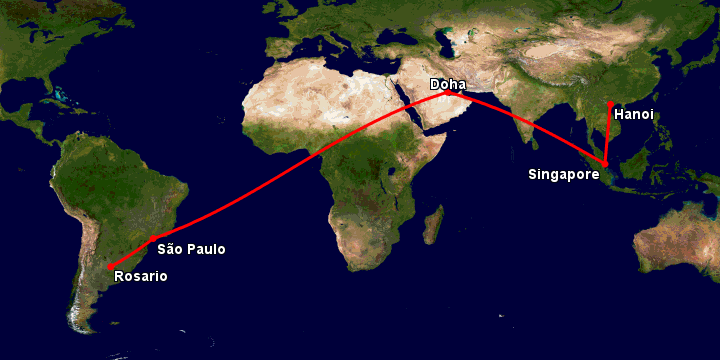 Bay từ Hà Nội đến Rosario qua Singapore, Doha, Sao Paulo