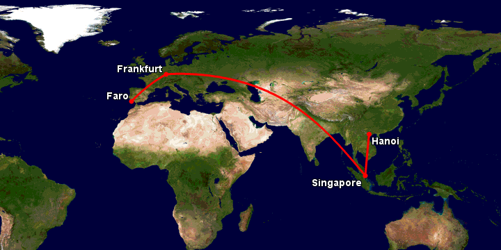 Bay từ Hà Nội đến Faro Pt qua Singapore, Frankfurt