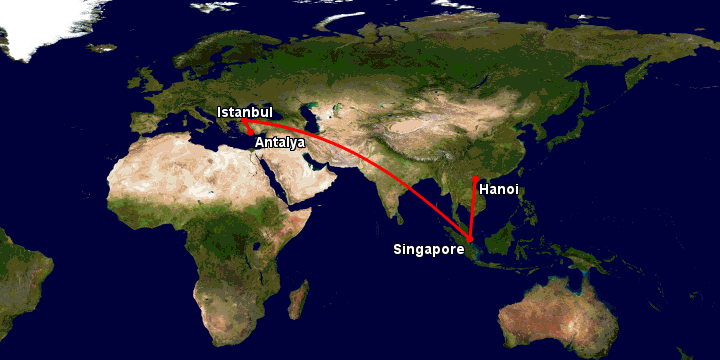 Bay từ Hà Nội đến Antalya qua Singapore, Istanbul