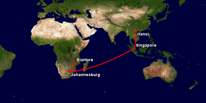 Bay từ Hà Nội đến Blantyre qua Singapore, Johannesburg